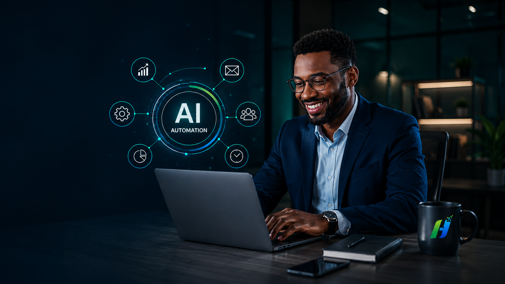Business owner using an AI-powered dashboard to automate sales, email and reporting