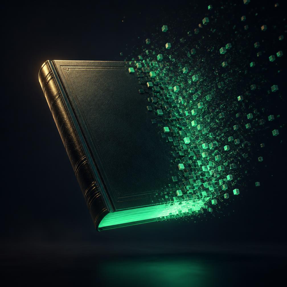 A book dissolving into glowing digital cubes