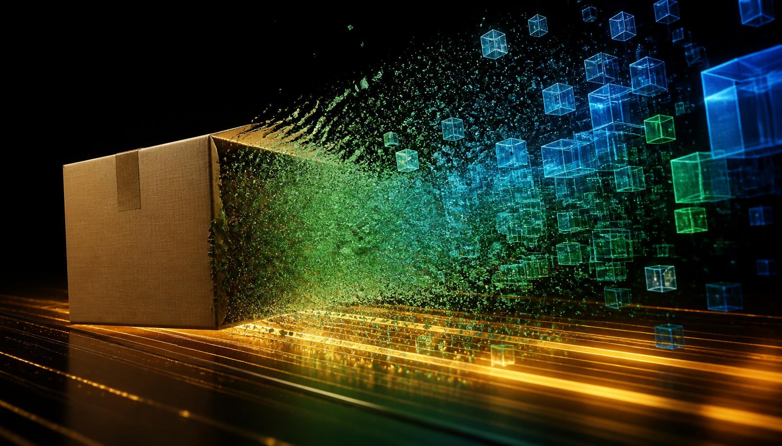 A cardboard box dissolving into luminous particles that reform as digital cubes